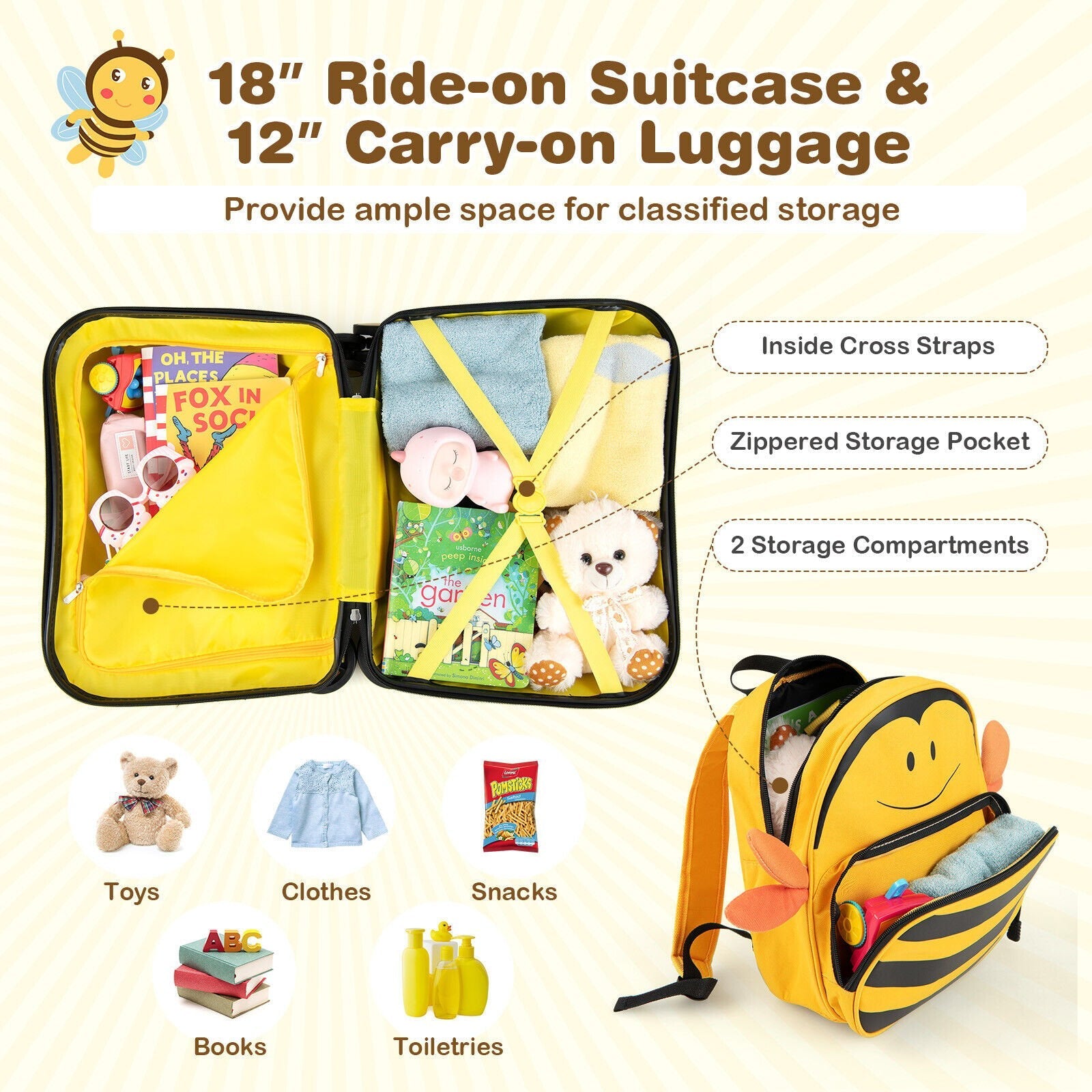 2 Pieces 18 Inch Ride-on Kids Luggage Set with Spinner Wheels and Bee Pattern, Yellow Kids Luggage   at Gallery Canada