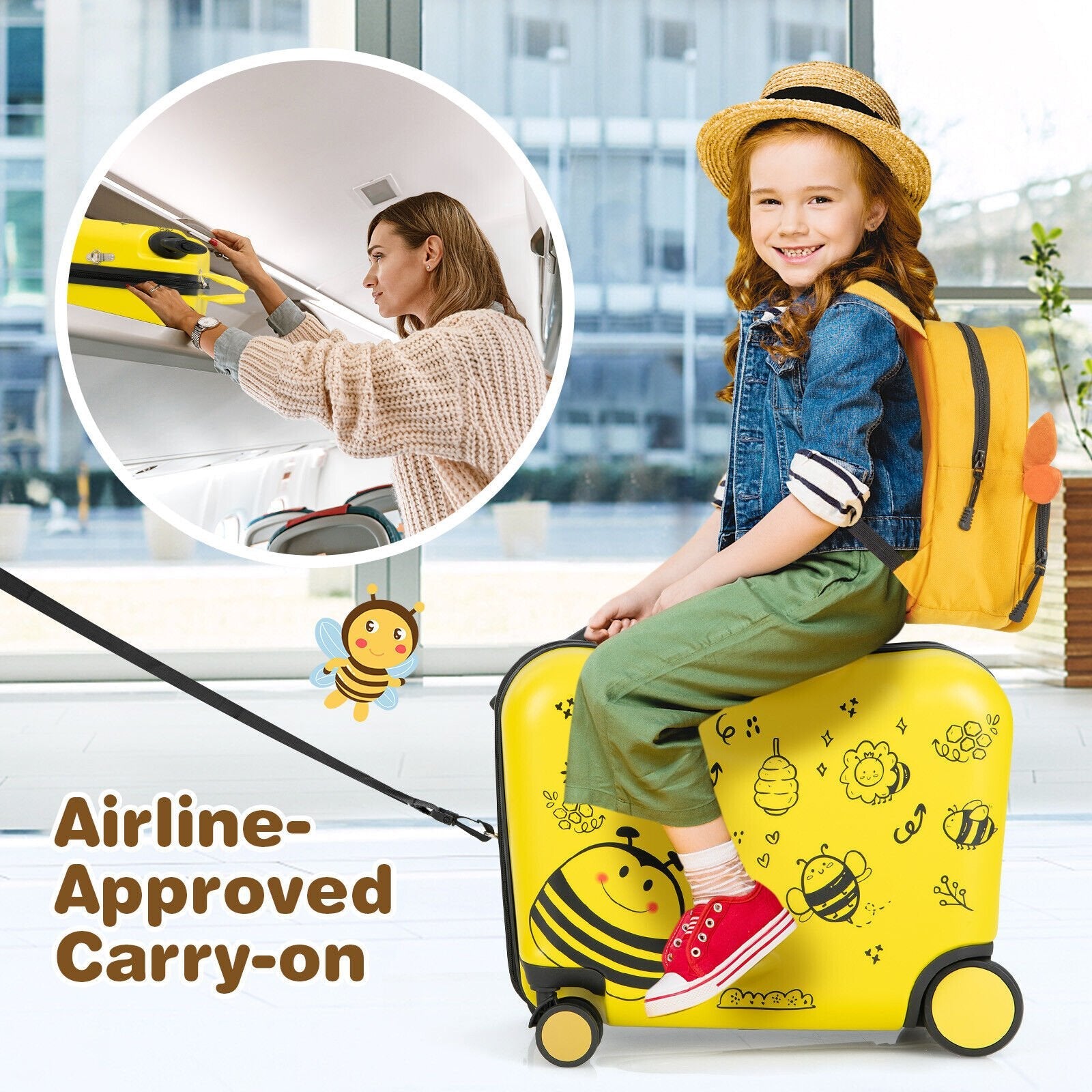 2 Pieces 18 Inch Ride-on Kids Luggage Set with Spinner Wheels and Bee Pattern, Yellow Kids Luggage   at Gallery Canada