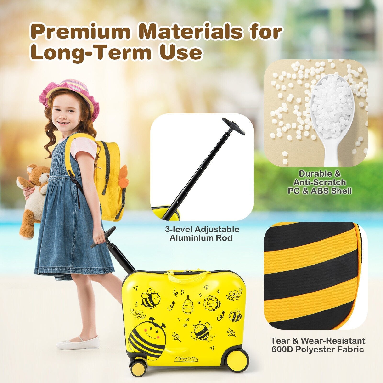 2 Pieces 18 Inch Ride-on Kids Luggage Set with Spinner Wheels and Bee Pattern, Yellow Kids Luggage   at Gallery Canada