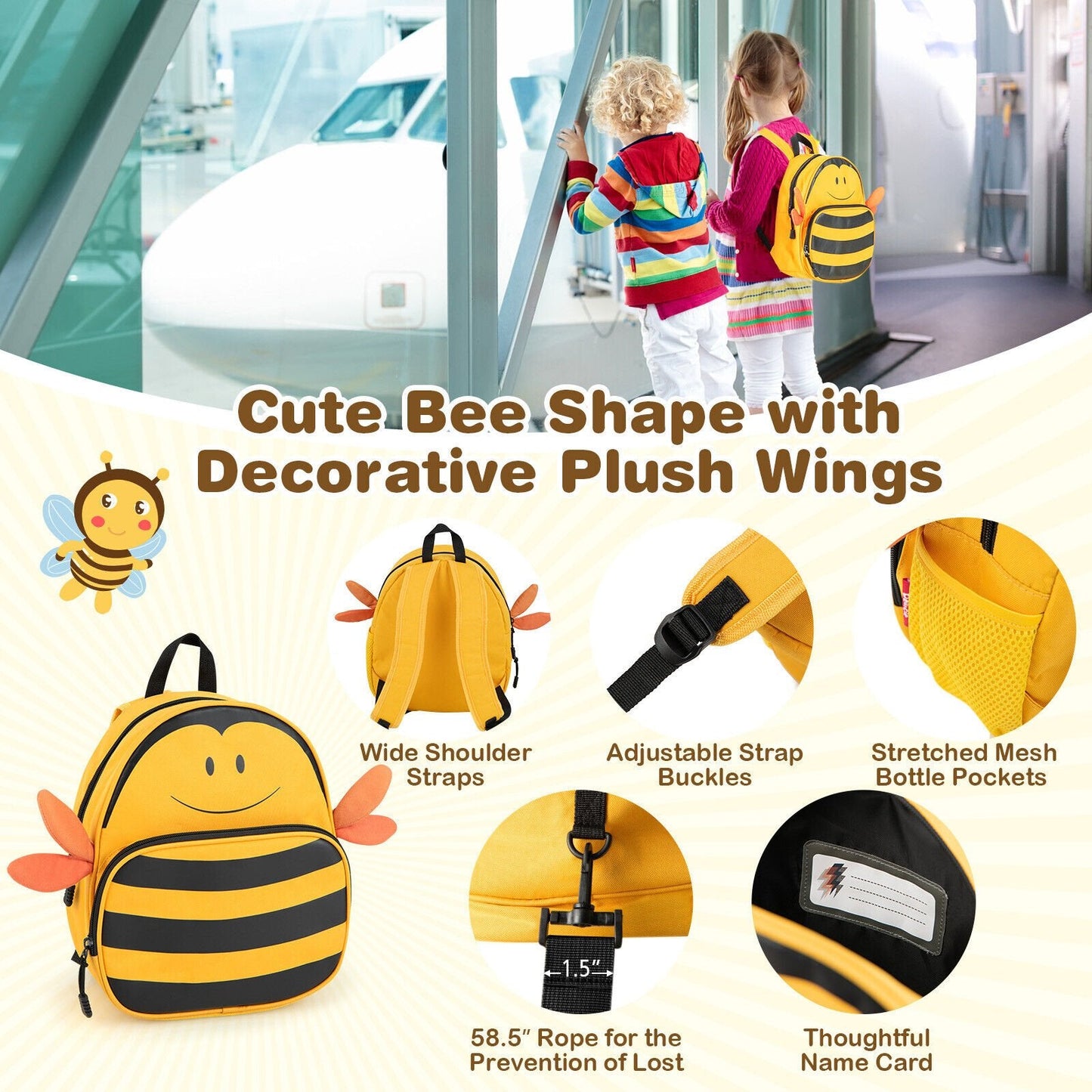 2 Pieces 18 Inch Ride-on Kids Luggage Set with Spinner Wheels and Bee Pattern, Yellow Kids Luggage   at Gallery Canada