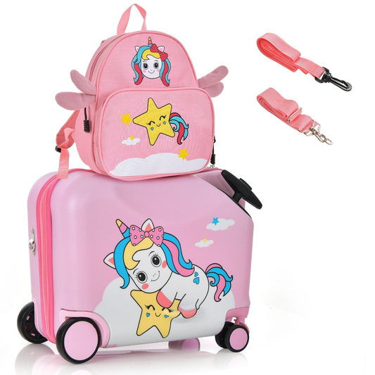 2 Pieces 18 Inch Ride-on Kids Luggage Set with Spinner Wheels, Pink Kids Luggage   at Gallery Canada