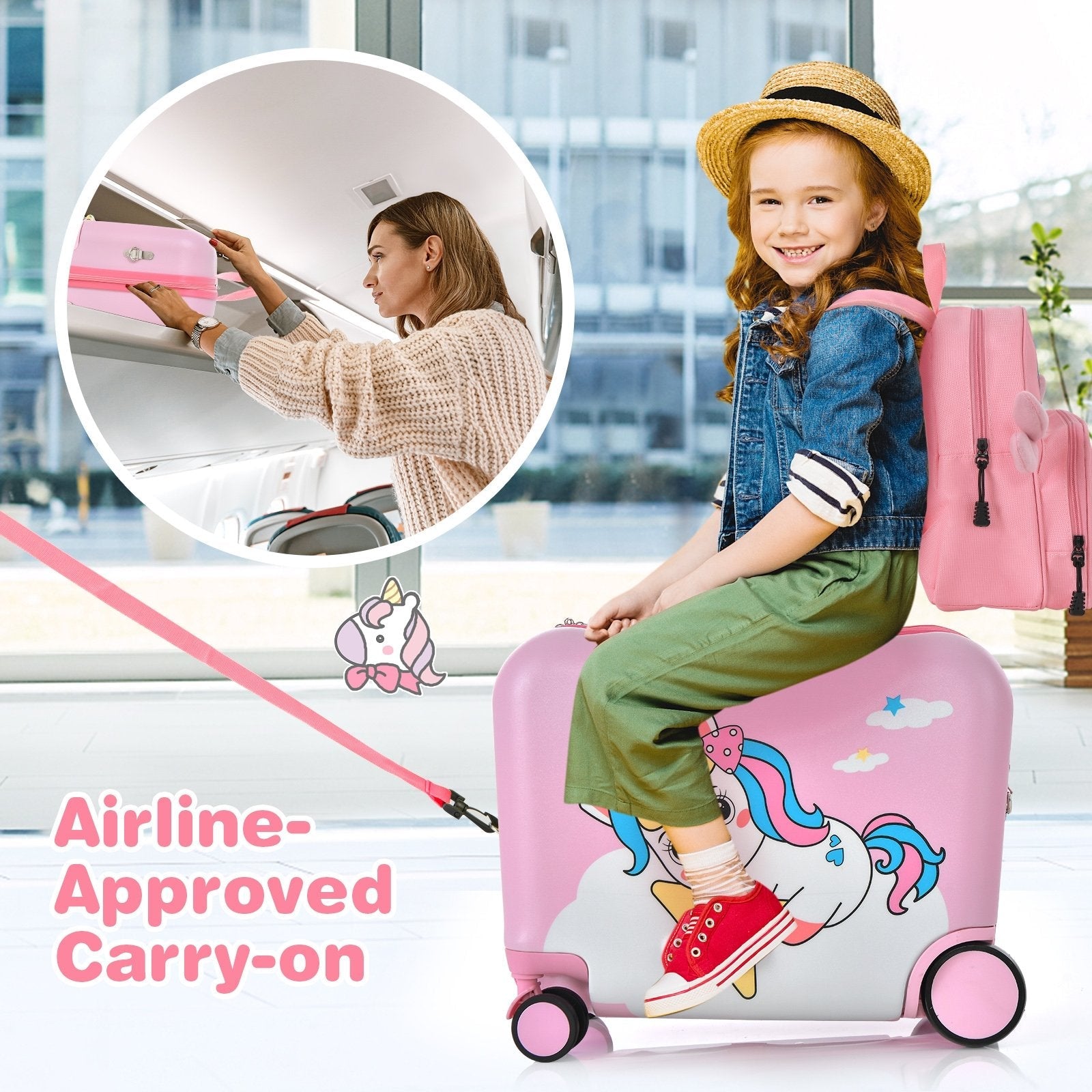 2 Pieces 18 Inch Ride-on Kids Luggage Set with Spinner Wheels, Pink Kids Luggage   at Gallery Canada