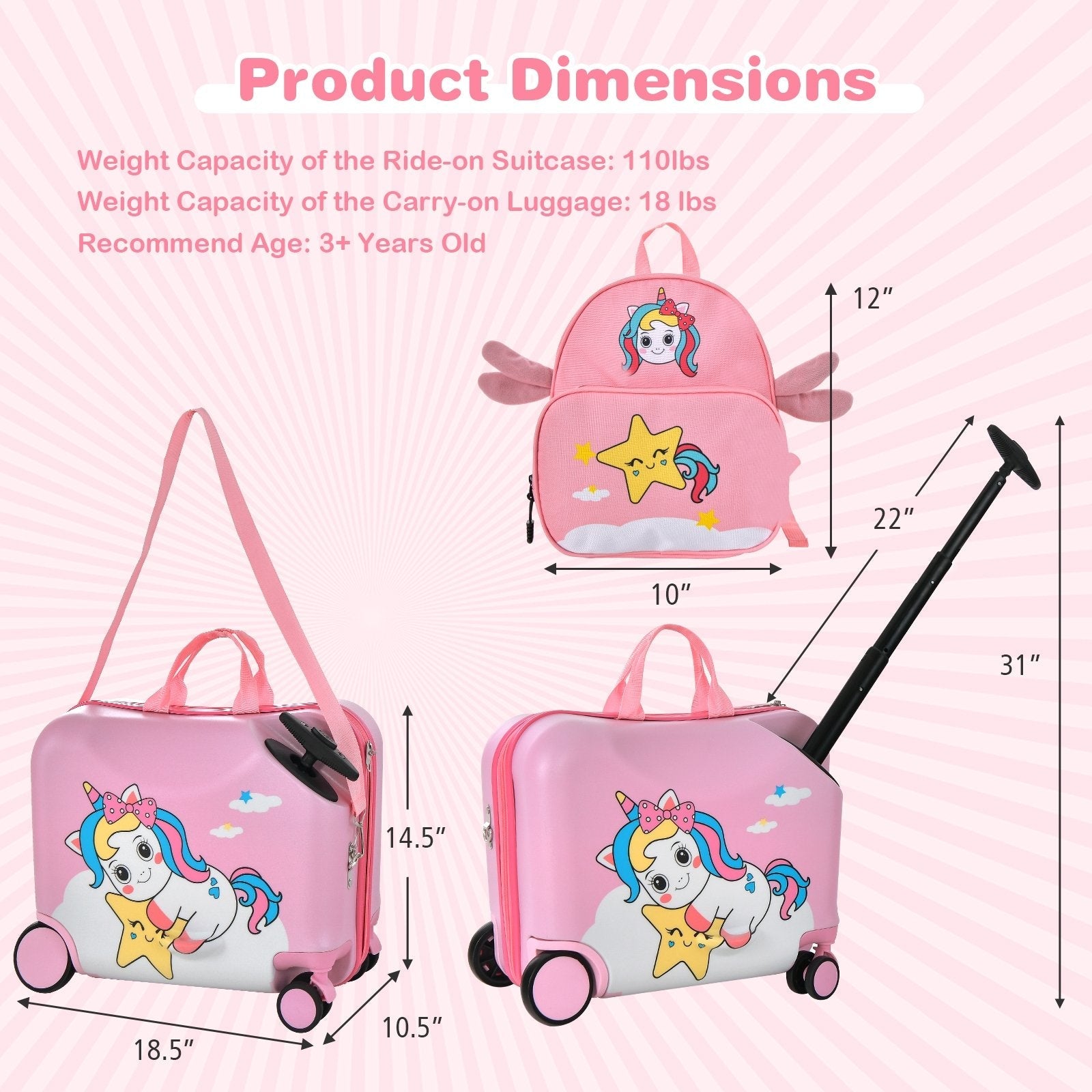 2 Pieces 18 Inch Ride-on Kids Luggage Set with Spinner Wheels, Pink Kids Luggage   at Gallery Canada