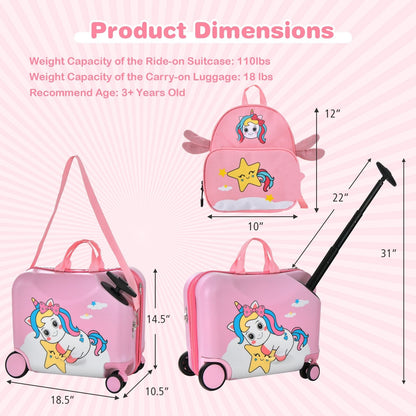 2 Pieces 18 Inch Ride-on Kids Luggage Set with Spinner Wheels, Pink Kids Luggage   at Gallery Canada