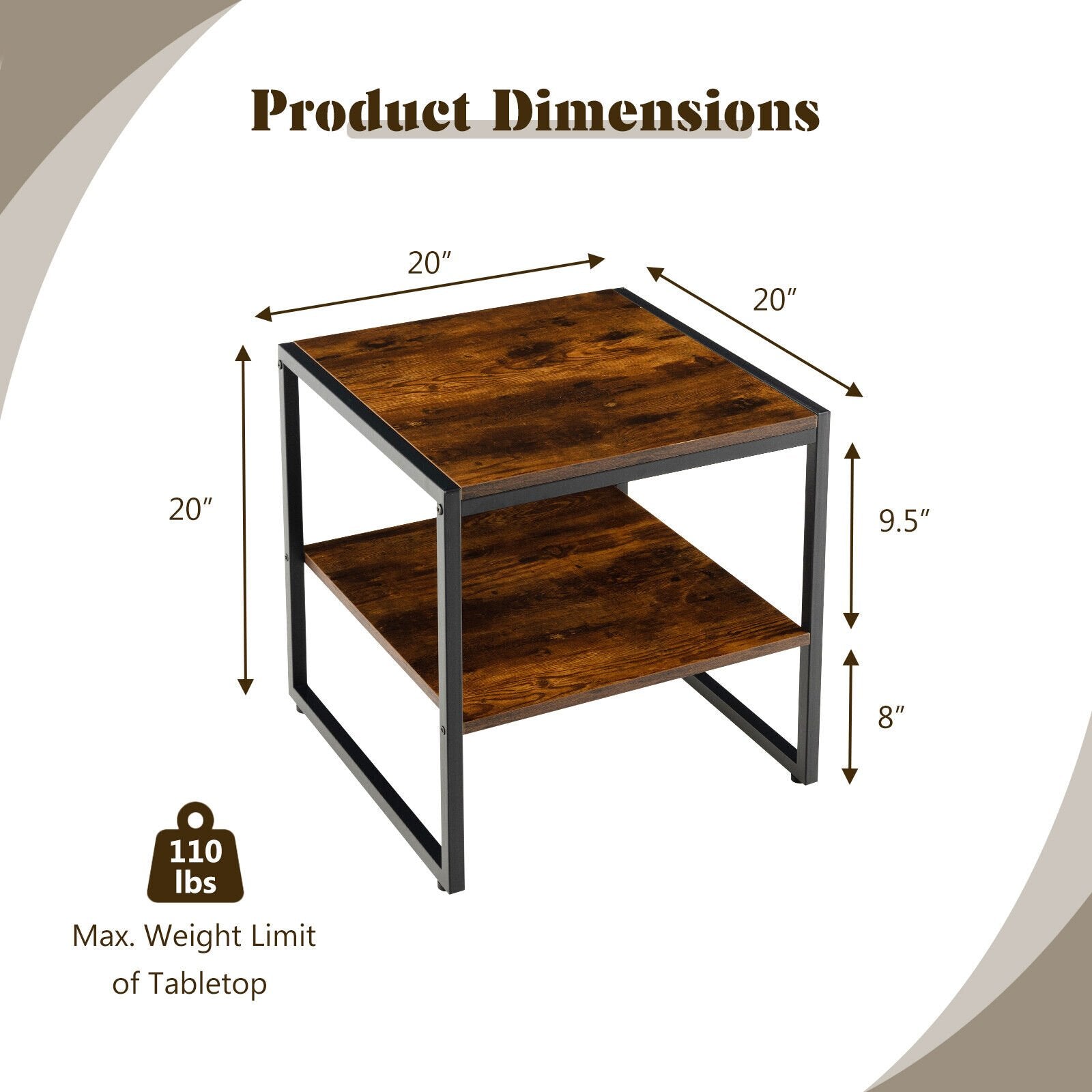 2 Pieces 2-Tier 20 Inch Square End Side Table for Living Room Bedroom, Rustic Brown End & Side Tables   at Gallery Canada