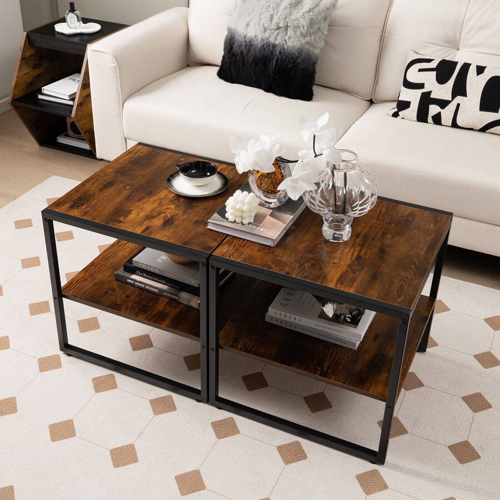 2 Pieces 2-Tier 20 Inch Square End Side Table for Living Room Bedroom, Rustic Brown End & Side Tables   at Gallery Canada