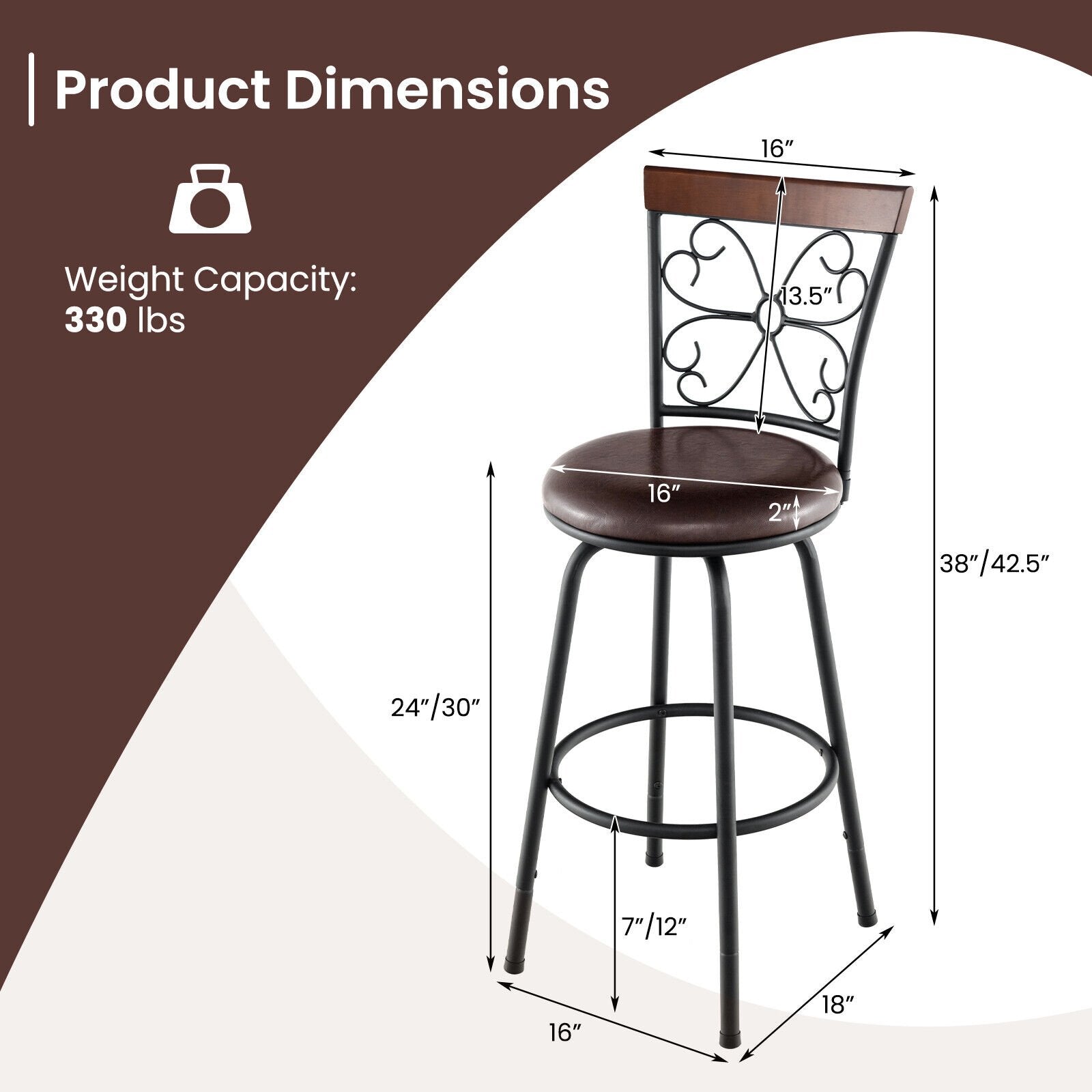 2 Pieces 24-30 Inch Adjustable PU Cushioned Swivel Barstools, Brown Bar Stools   at Gallery Canada