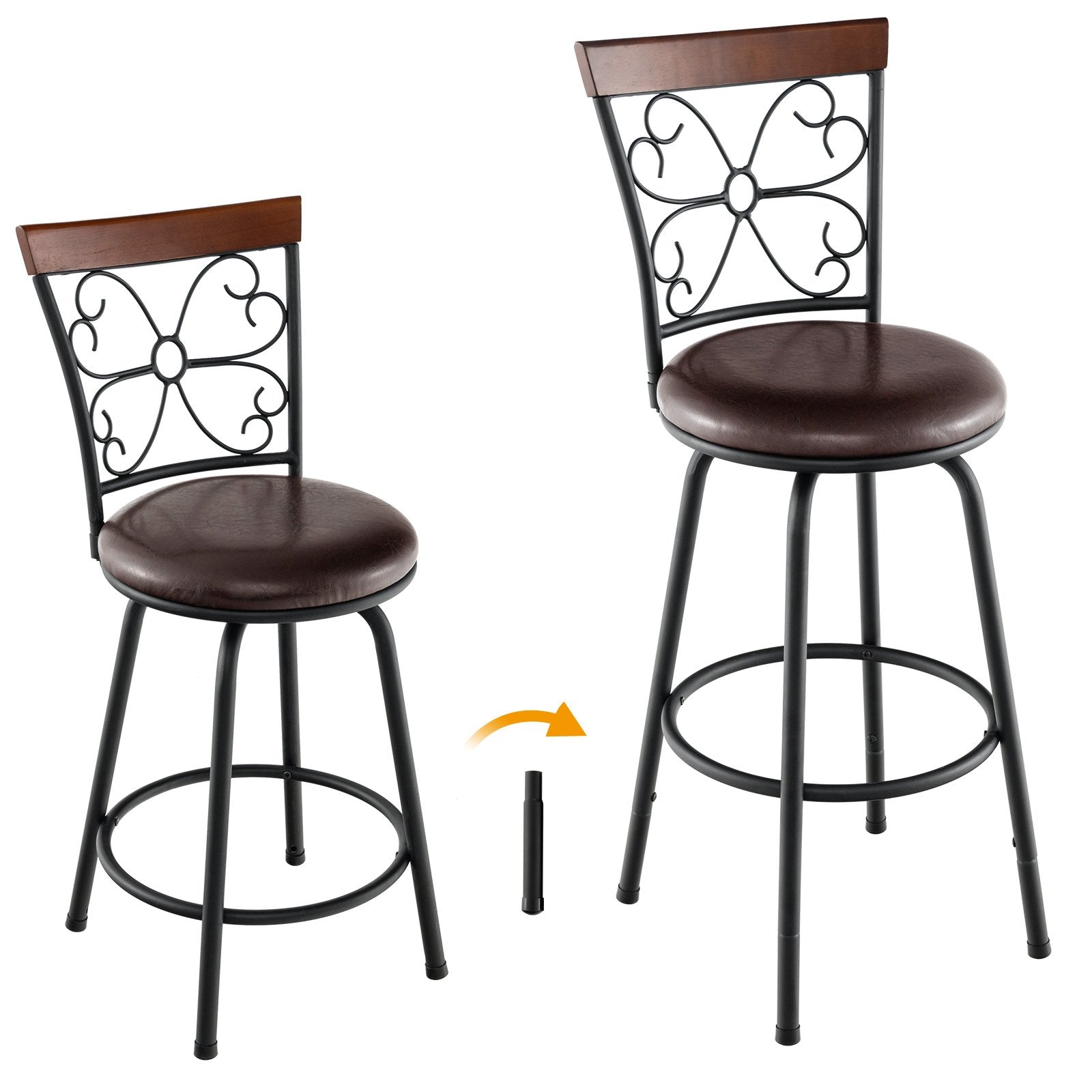 2 Pieces 24-30 Inch Adjustable PU Cushioned Swivel Barstools, Brown Bar Stools   at Gallery Canada