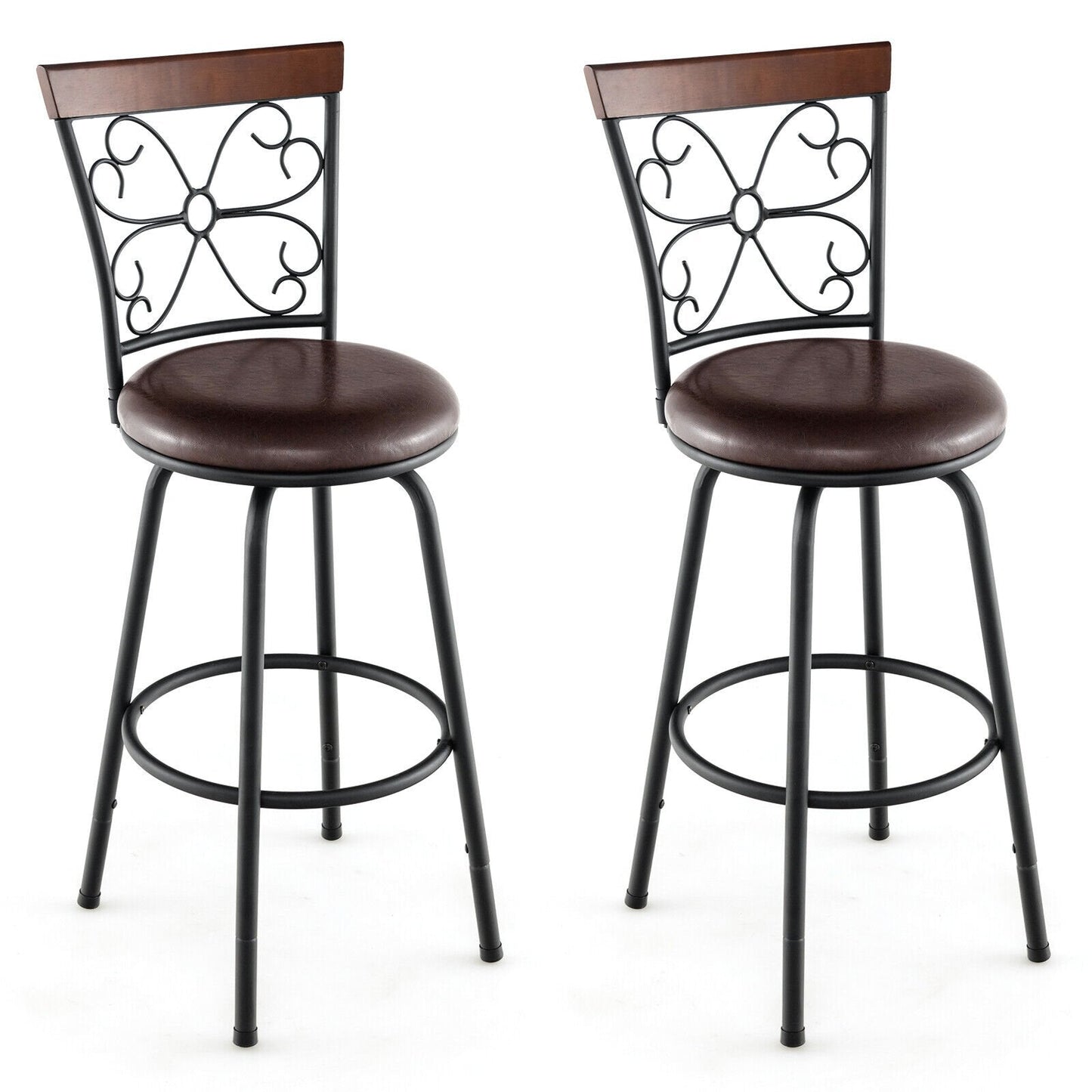 2 Pieces 24-30 Inch Adjustable PU Cushioned Swivel Barstools, Brown Bar Stools   at Gallery Canada