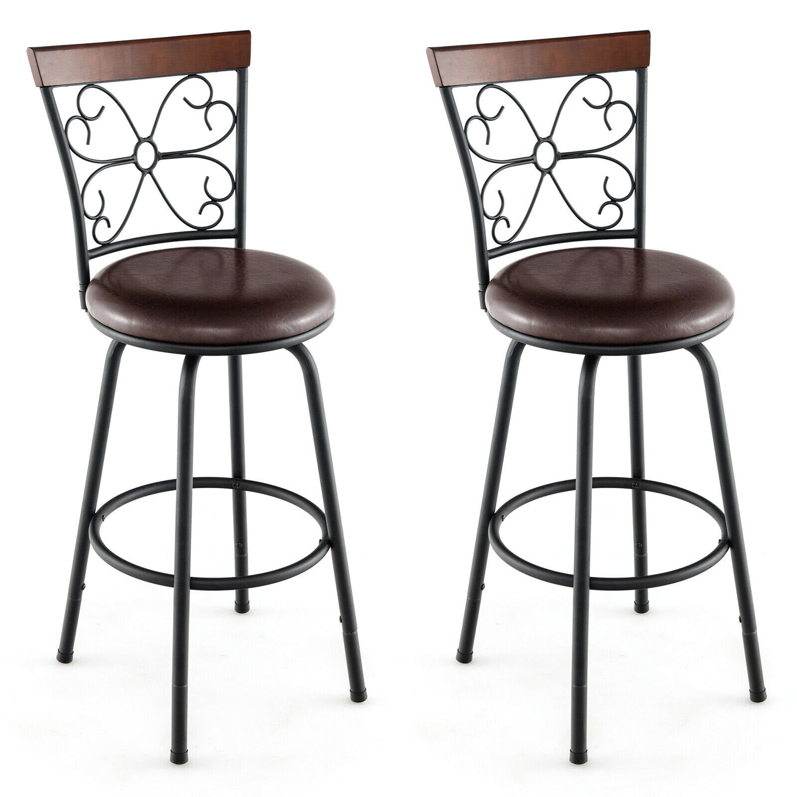 2 Pieces 24-30 Inch Adjustable PU Cushioned Swivel Barstools, Brown Bar Stools   at Gallery Canada