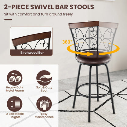 2 Pieces 24-30 Inch Adjustable PU Cushioned Swivel Barstools, Brown Bar Stools   at Gallery Canada