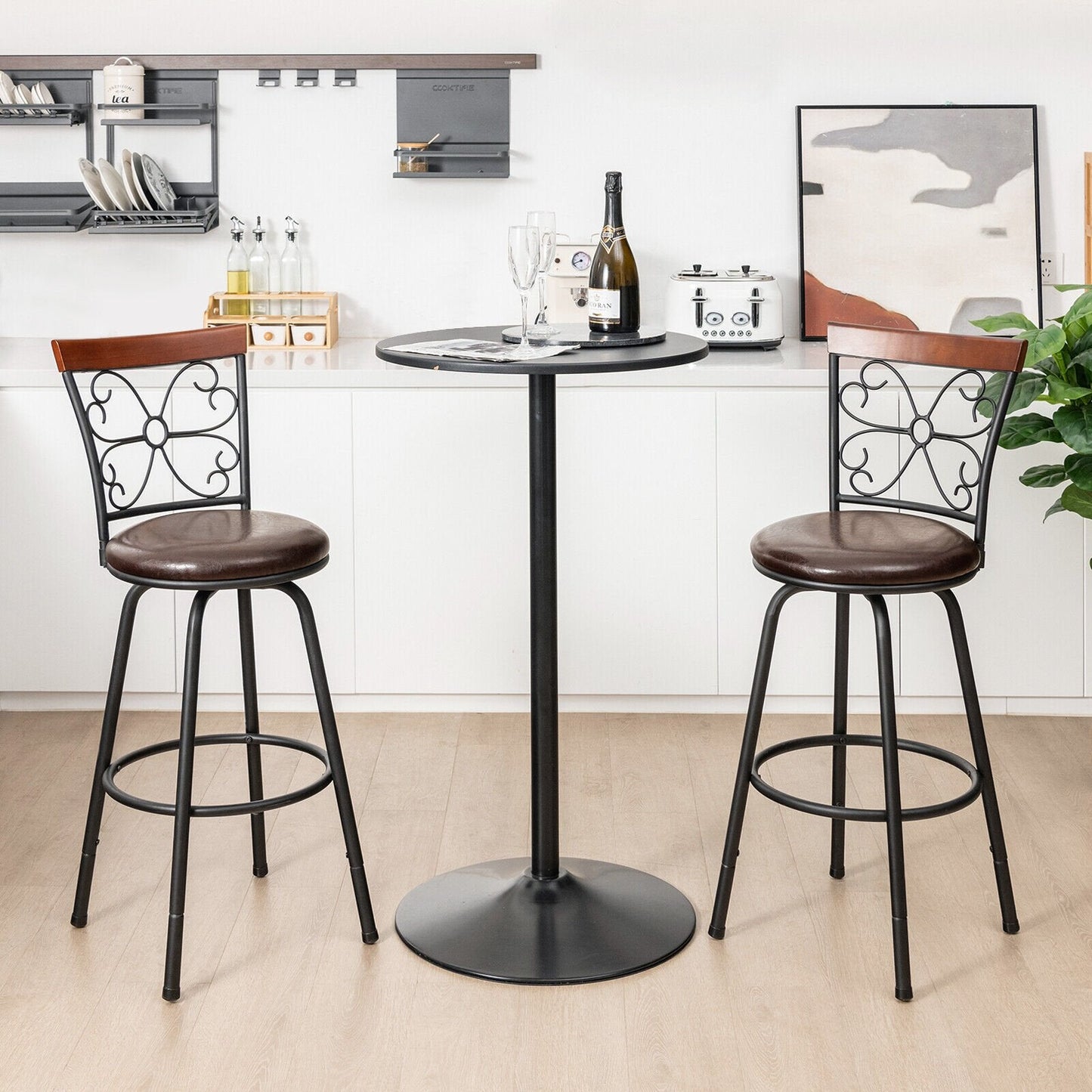 2 Pieces 24-30 Inch Adjustable PU Cushioned Swivel Barstools, Brown Bar Stools   at Gallery Canada