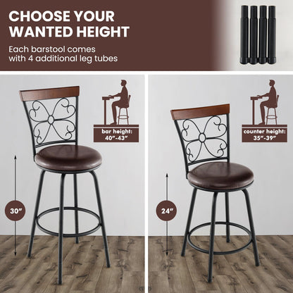 2 Pieces 24-30 Inch Adjustable PU Cushioned Swivel Barstools, Brown Bar Stools   at Gallery Canada