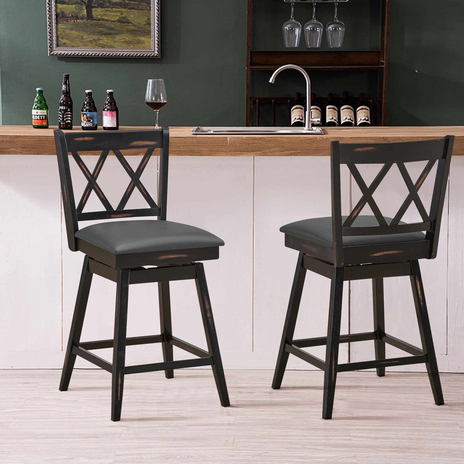 2 Pieces 24 Inch Swivel Counter Height Barstool Set with Rubber Wood Legs, Black Bar Stools   at Gallery Canada