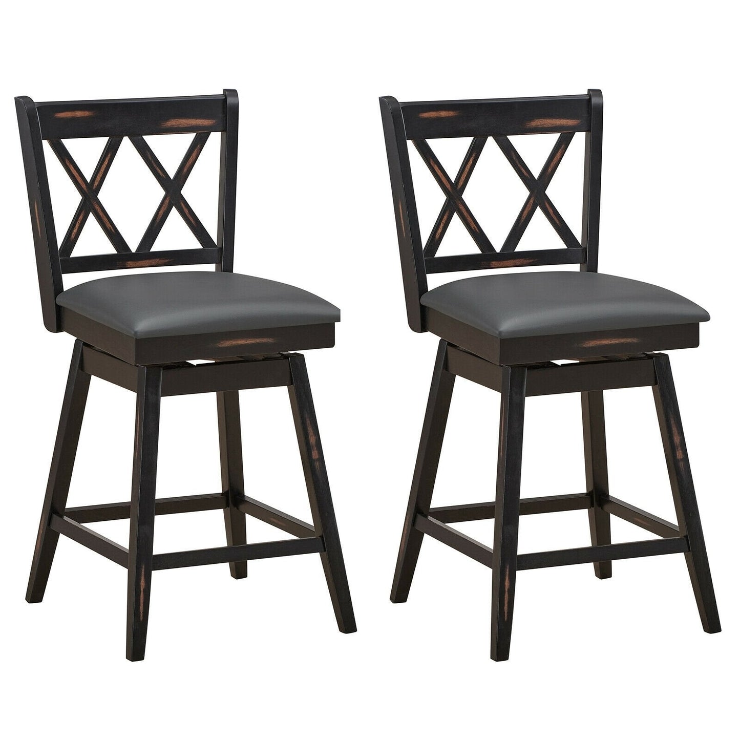 2 Pieces 24 Inch Swivel Counter Height Barstool Set with Rubber Wood Legs, Black Bar Stools   at Gallery Canada