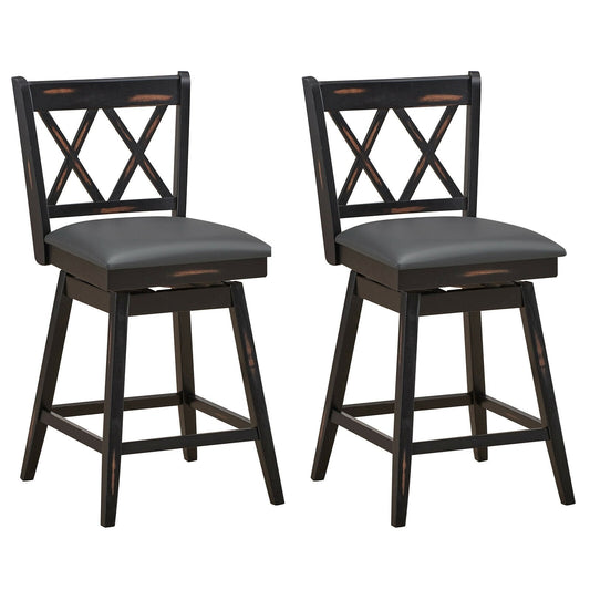 2 Pieces 24 Inch Swivel Counter Height Barstool Set with Rubber Wood Legs, Black Bar Stools   at Gallery Canada