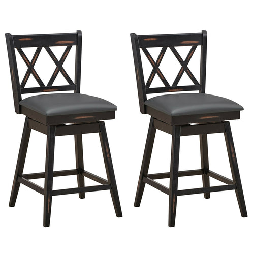 2 Pieces 24 Inch Swivel Counter Height Barstool Set with Rubber Wood Legs, Black