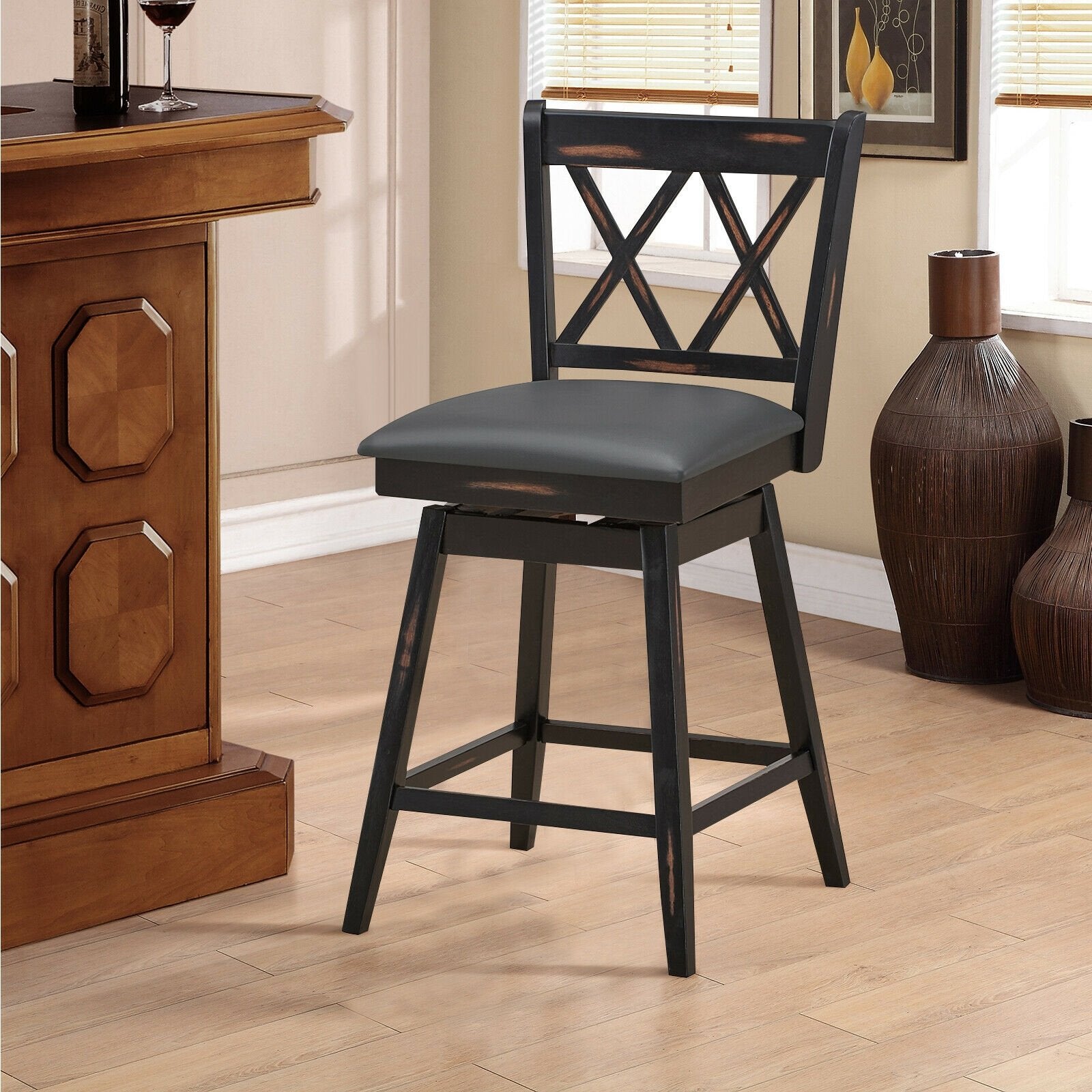 2 Pieces 24 Inch Swivel Counter Height Barstool Set with Rubber Wood Legs, Black Bar Stools   at Gallery Canada