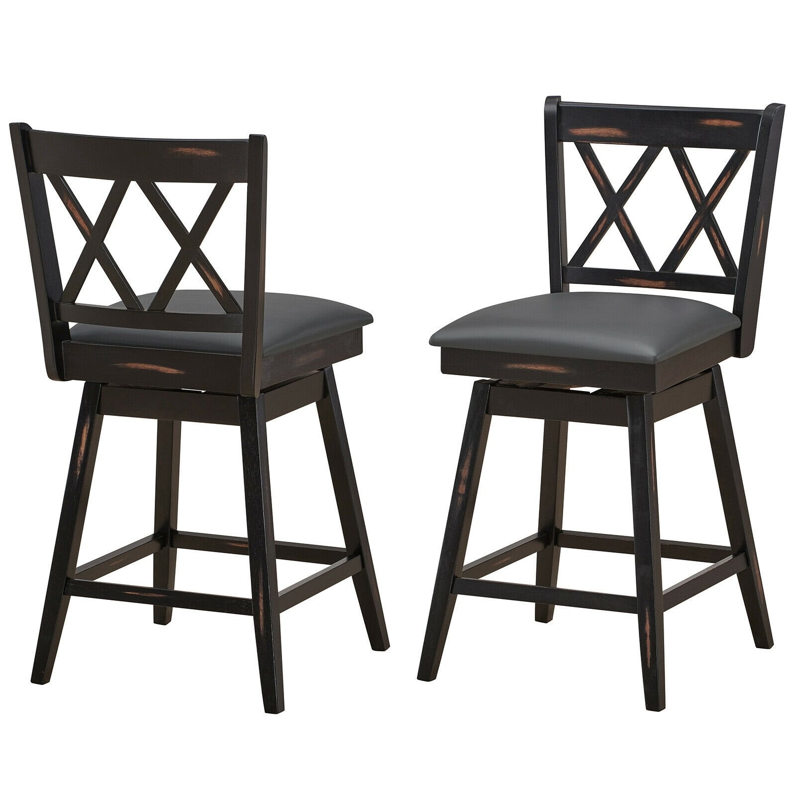 2 Pieces 24 Inch Swivel Counter Height Barstool Set with Rubber Wood Legs, Black Bar Stools   at Gallery Canada