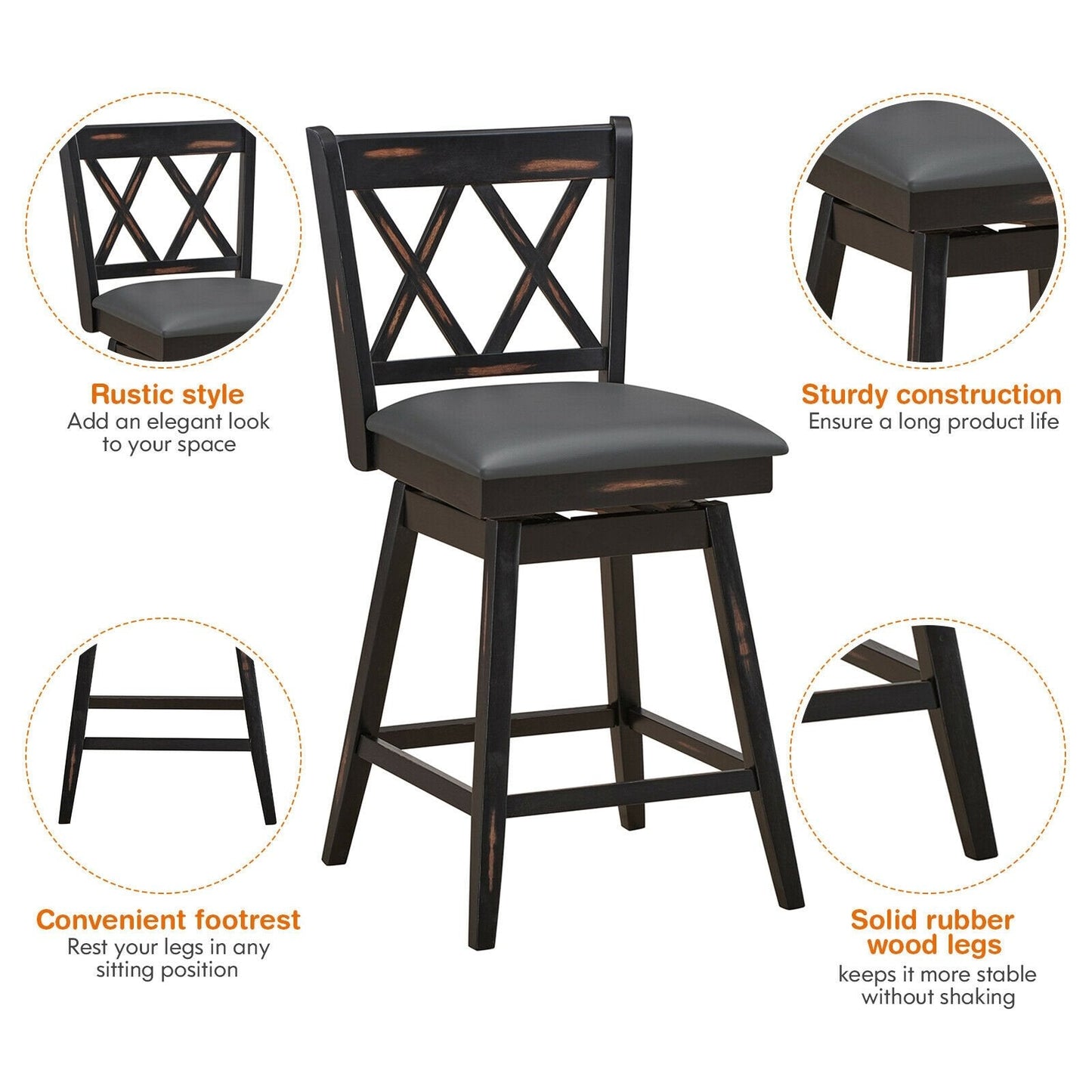 2 Pieces 24 Inch Swivel Counter Height Barstool Set with Rubber Wood Legs, Black Bar Stools   at Gallery Canada