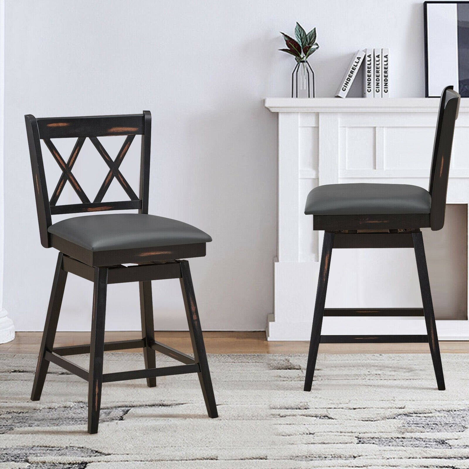 2 Pieces 24 Inch Swivel Counter Height Barstool Set with Rubber Wood Legs, Black Bar Stools   at Gallery Canada