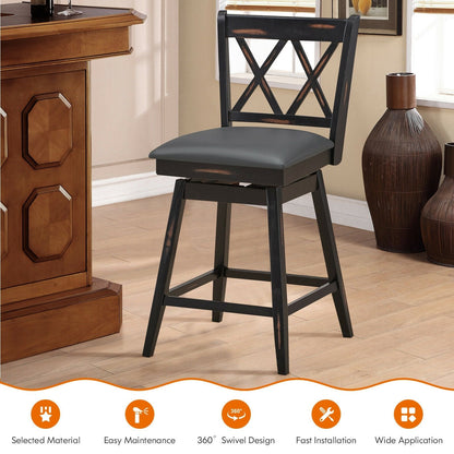 2 Pieces 24 Inch Swivel Counter Height Barstool Set with Rubber Wood Legs, Black Bar Stools   at Gallery Canada