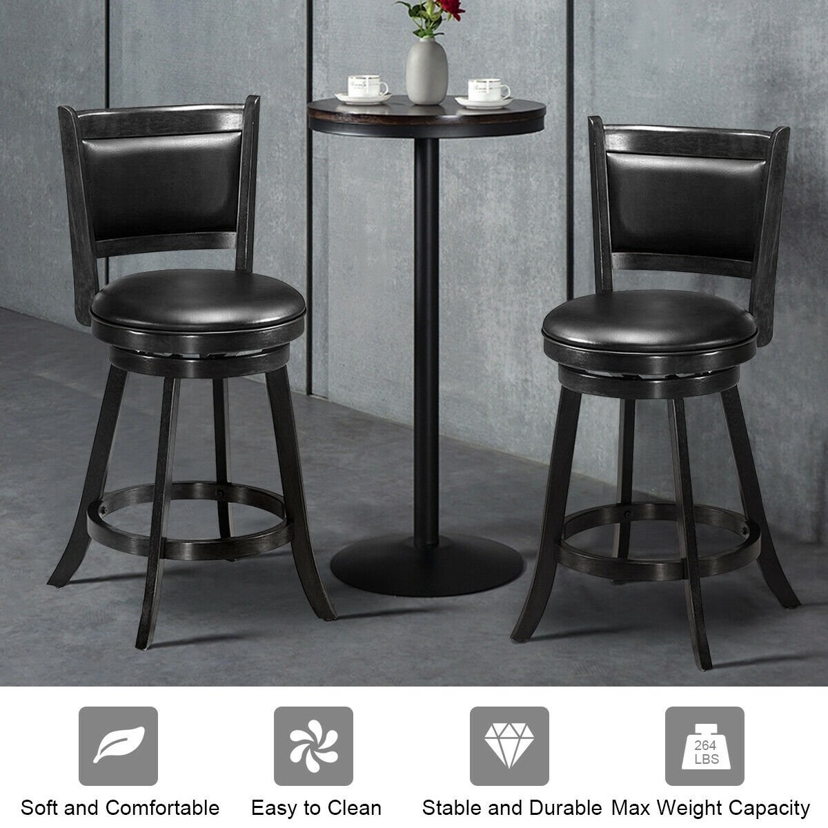 2 Pieces 24 Inch Swivel Counter Stool Dining Chair Upholstered Seat, Black Bar Stools   at Gallery Canada