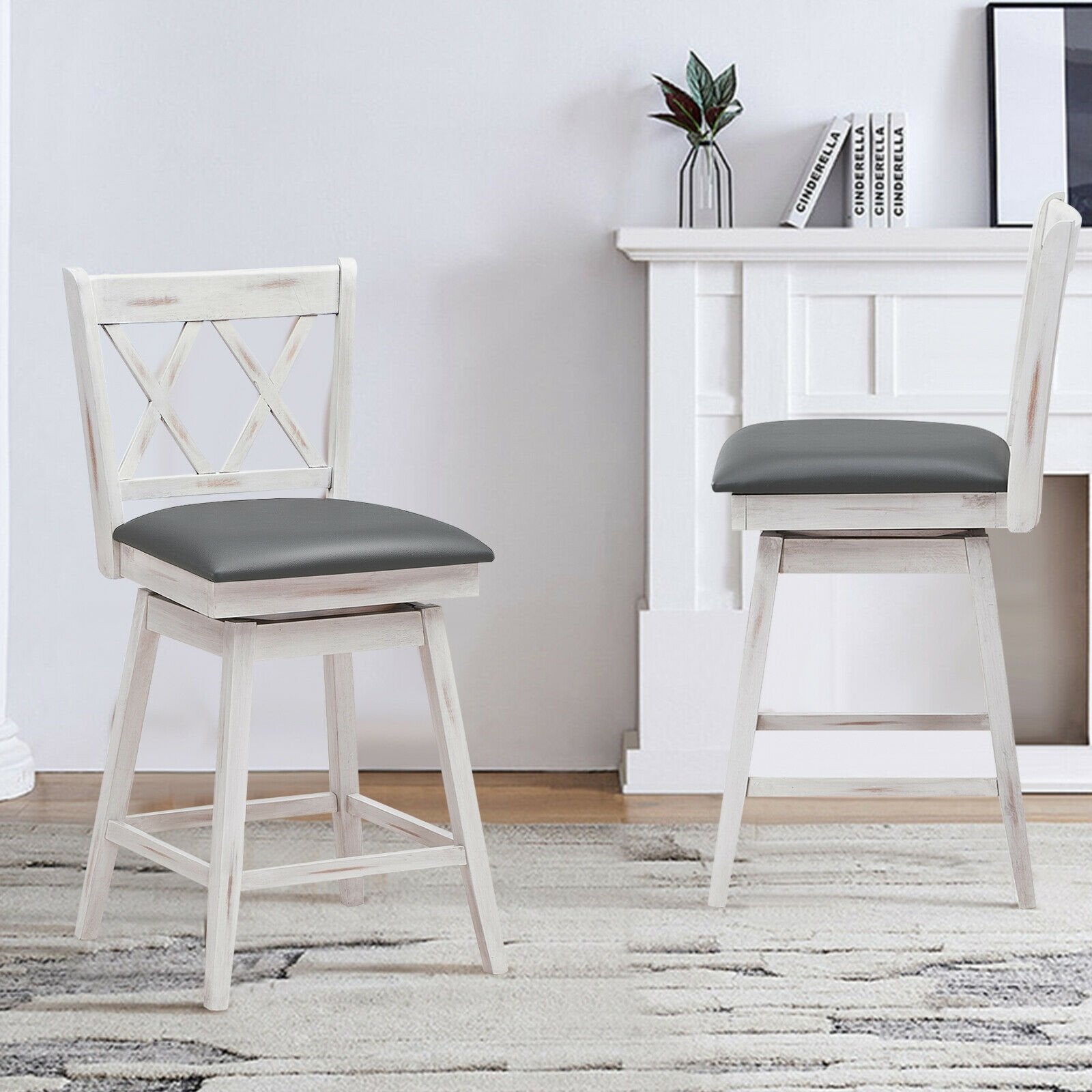 2 Pieces 24 Inches Swivel Counter Height Barstool Set with Rubber Wood Legs, White Bar Stools   at Gallery Canada