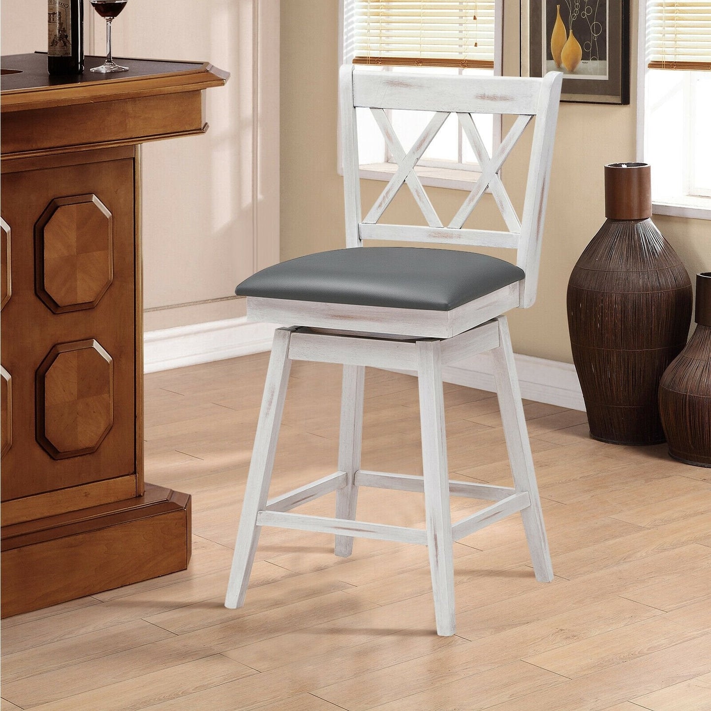 2 Pieces 24 Inches Swivel Counter Height Barstool Set with Rubber Wood Legs, White Bar Stools   at Gallery Canada