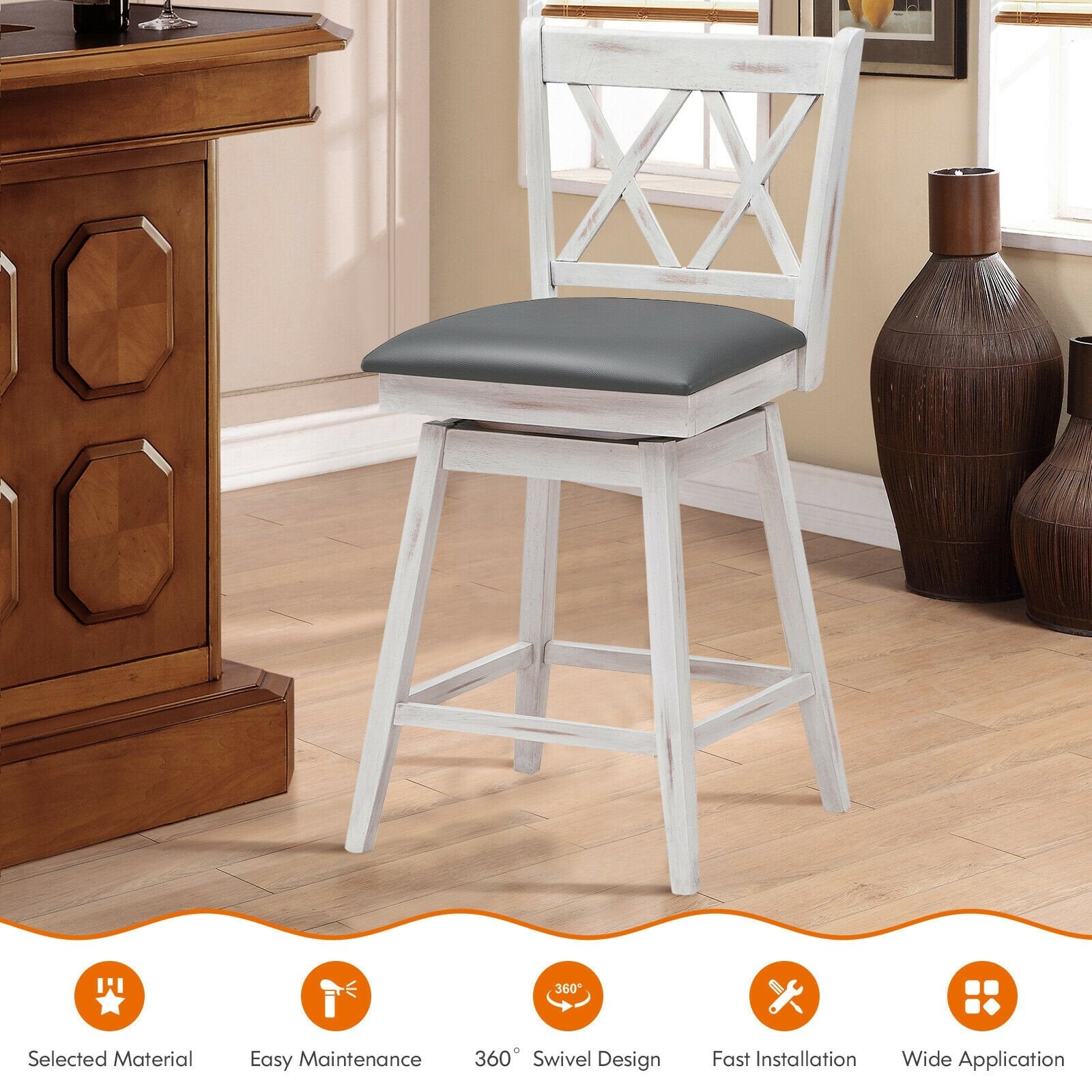 2 Pieces 24 Inches Swivel Counter Height Barstool Set with Rubber Wood Legs, White Bar Stools   at Gallery Canada