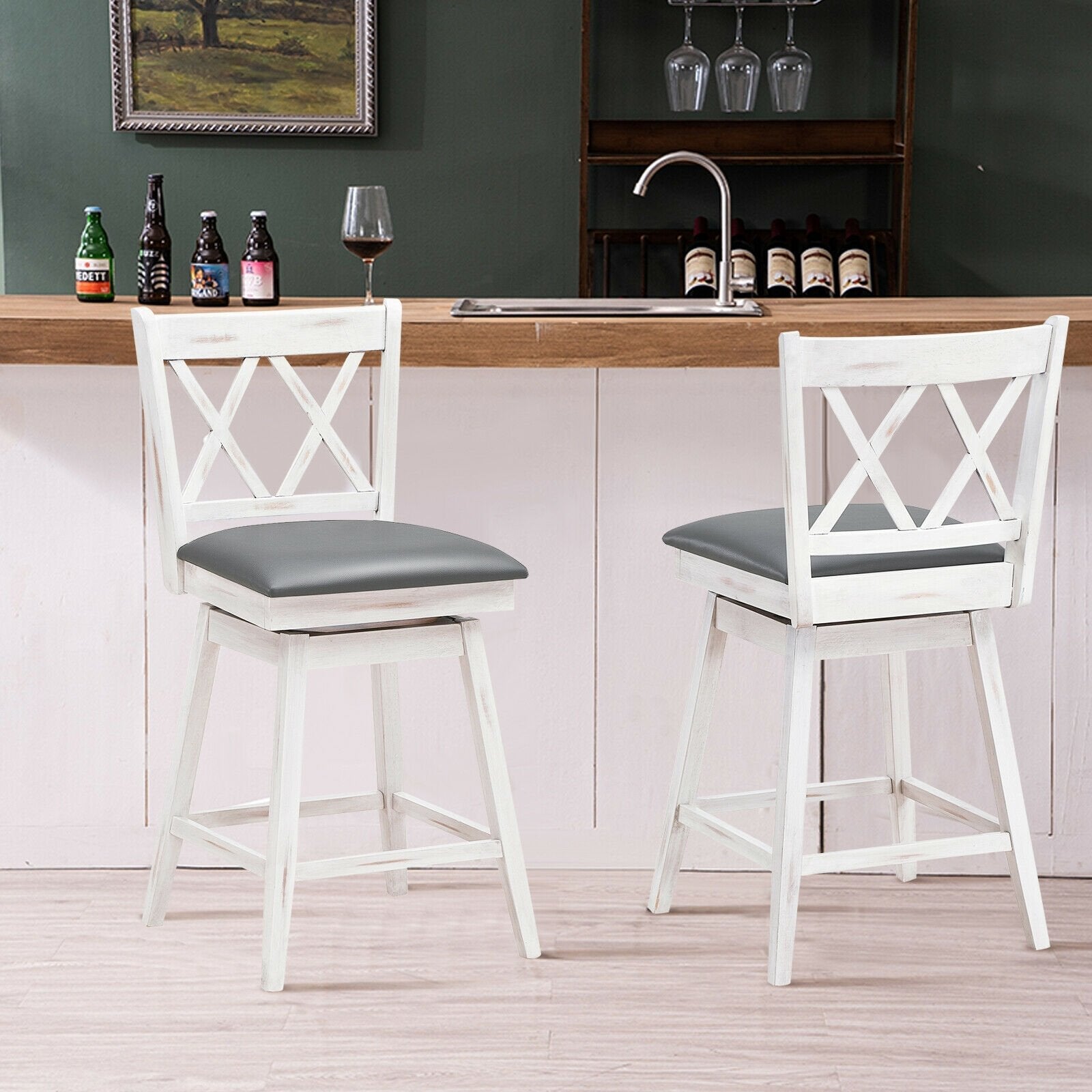 2 Pieces 24 Inches Swivel Counter Height Barstool Set with Rubber Wood Legs, White Bar Stools   at Gallery Canada