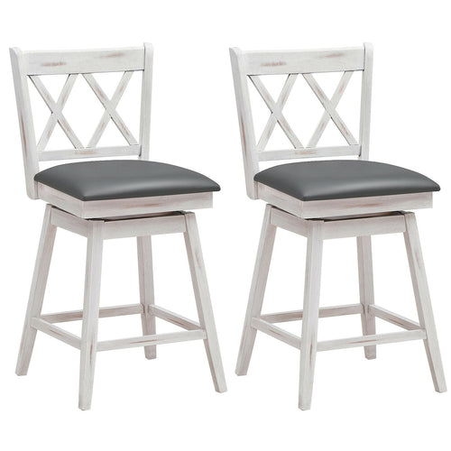 2 Pieces 24 Inches Swivel Counter Height Barstool Set with Rubber Wood Legs, White