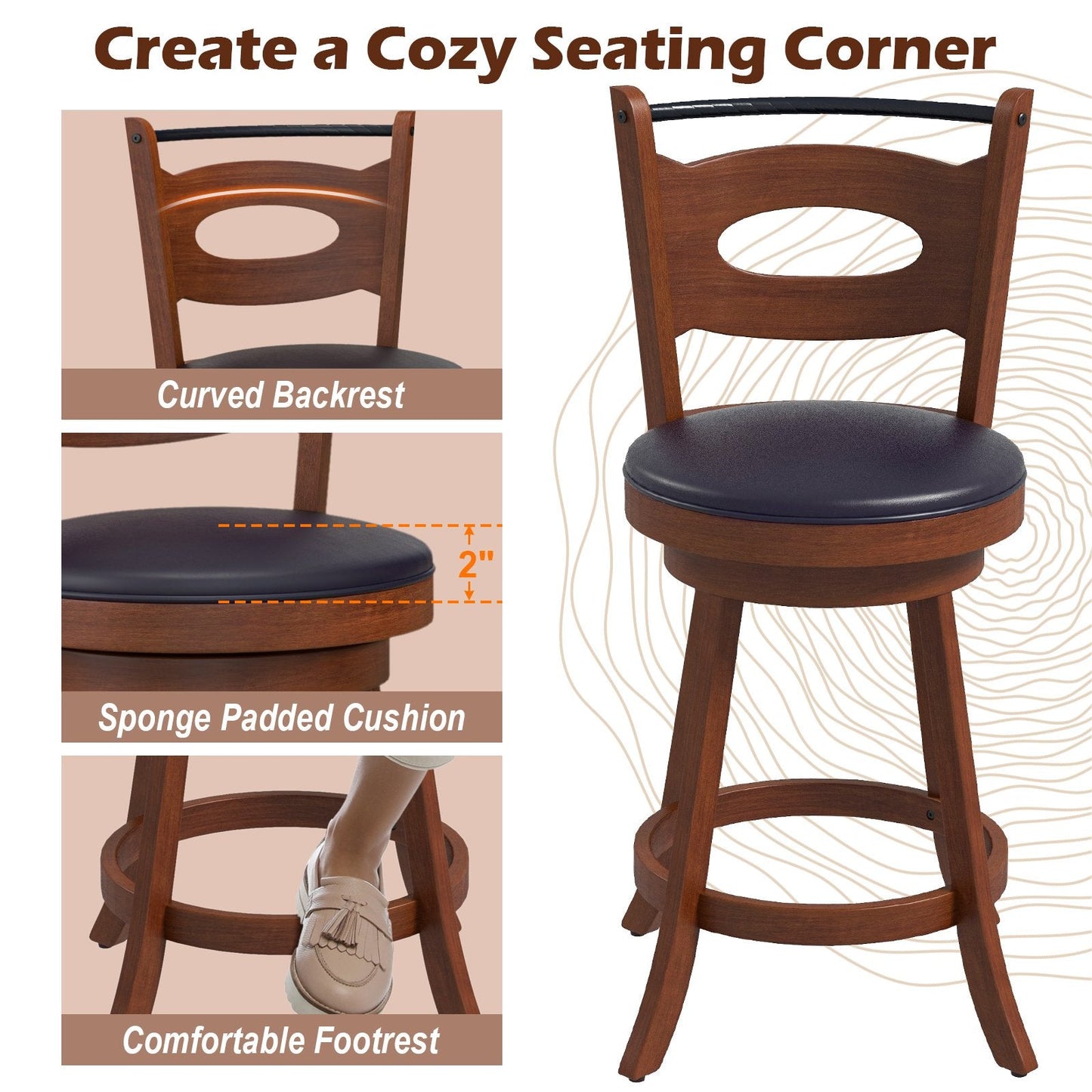 2 Pieces 24/29 inch Swivel Bar Stools with Curved Backrest and Seat Cushions-24 inches, Brown Bar Stools   at Gallery Canada