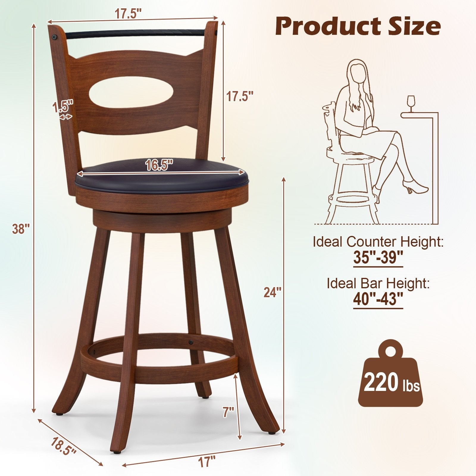 2 Pieces 24/29 inch Swivel Bar Stools with Curved Backrest and Seat Cushions-24 inches, Brown Bar Stools   at Gallery Canada