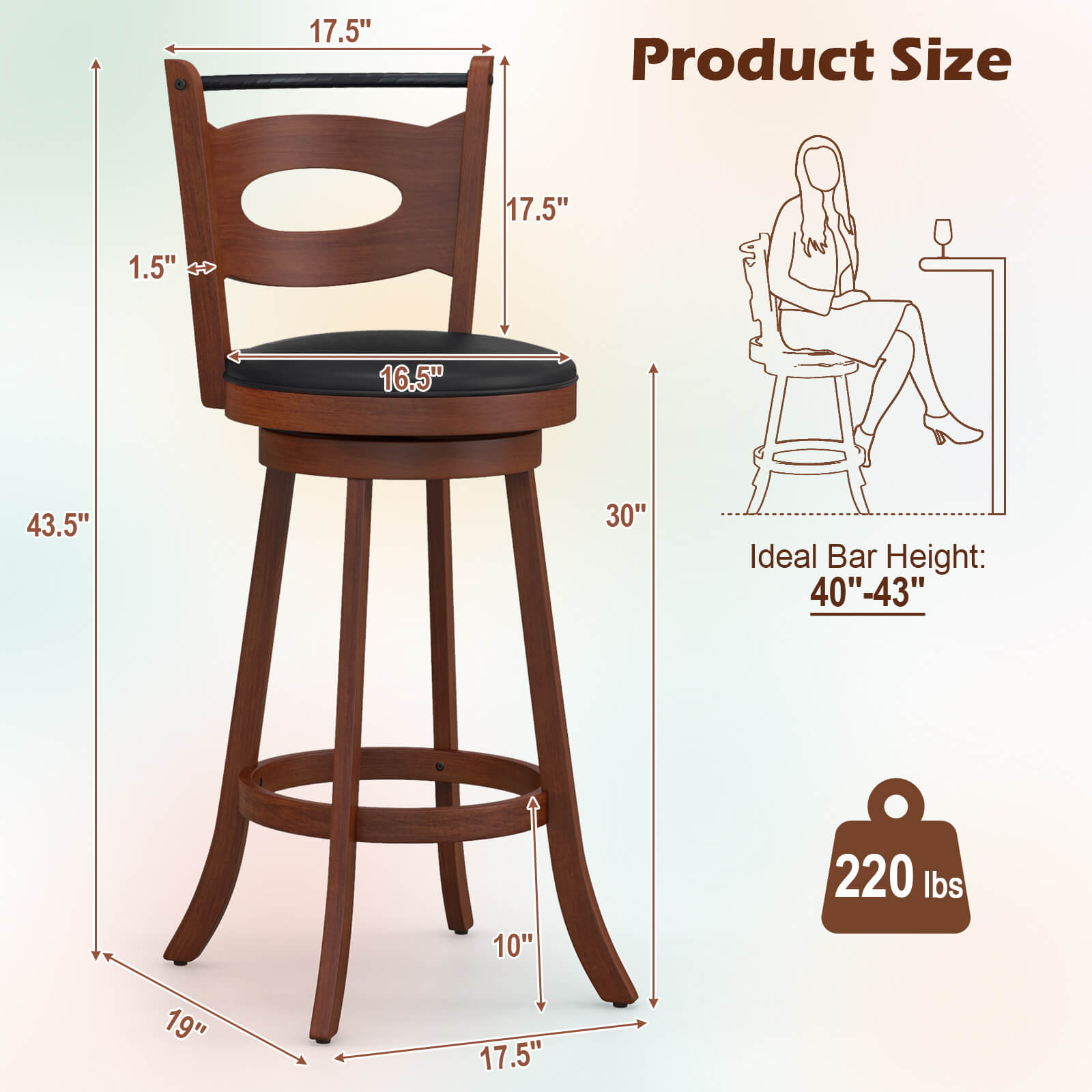 2 Pieces 24/29 inch Swivel Bar Stools with Curved Backrest and Seat Cushions-29 inches Bar Stools   at Gallery Canada