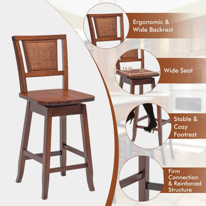 2 Pieces 24.5 Inch Bar Stools with Rattan Back and Swivel Seat, Brown Bar Stools   at Gallery Canada