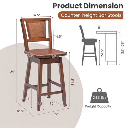 2 Pieces 24.5 Inch Bar Stools with Rattan Back and Swivel Seat, Brown Bar Stools   at Gallery Canada