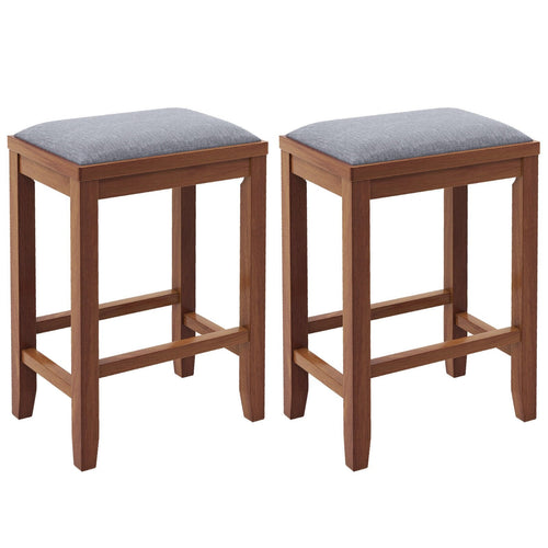 2 Pieces 25 Inch Upholstered Bar Stool Set with Solid Rubber Wood Frame and Footrest, Brown