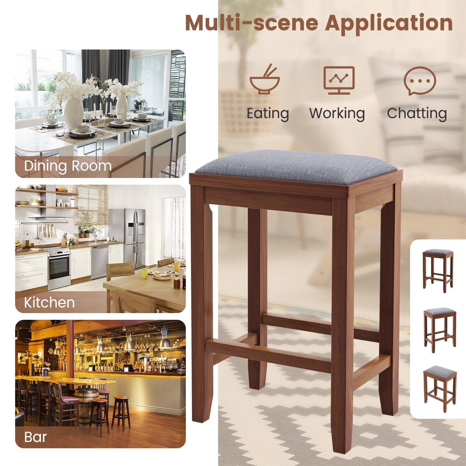 2 Pieces 25 Inch Upholstered Bar Stool Set with Solid Rubber Wood Frame and Footrest, Brown Bar Stools   at Gallery Canada