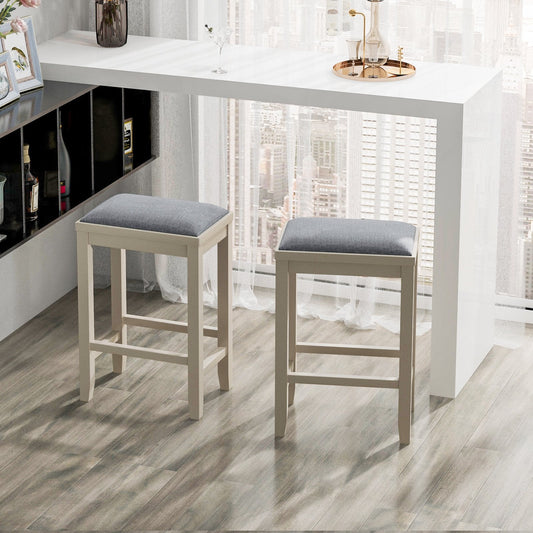 2 Pieces 25 Inch Upholstered Bar Stool Set with Solid Rubber Wood Frame and Footrest, White Bar Stools   at Gallery Canada