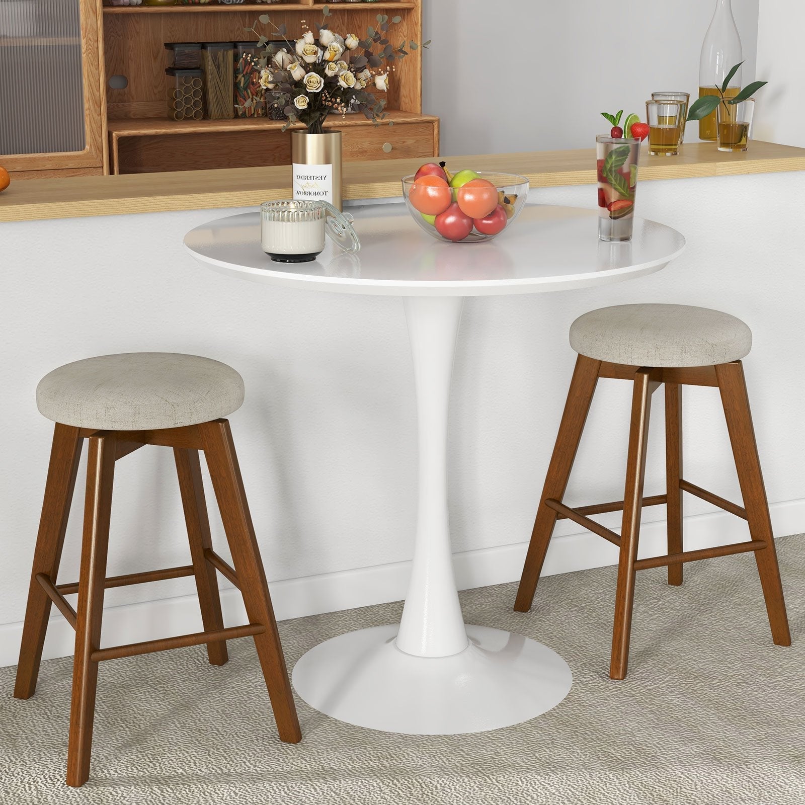 2 Pieces 26 Inch Backless Swivel Barstools with Linen Fabric Seat, Beige Bar Stools   at Gallery Canada