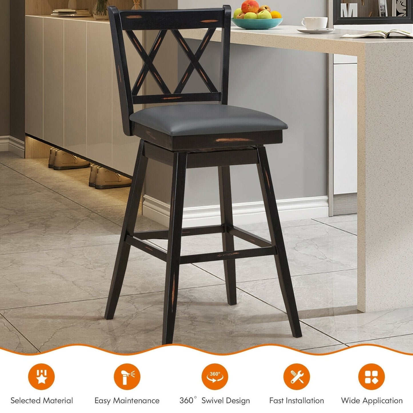 2 Pieces 29 Inch Swivel Counter Height Barstool Set with Rubber Wood Legs, Black Bar Stools   at Gallery Canada