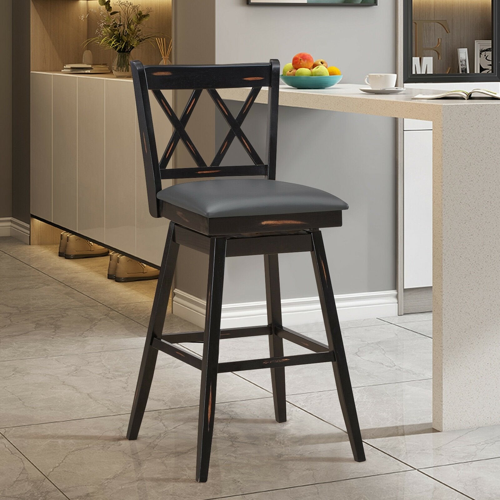 2 Pieces 29 Inch Swivel Counter Height Barstool Set with Rubber Wood Legs, Black Bar Stools   at Gallery Canada