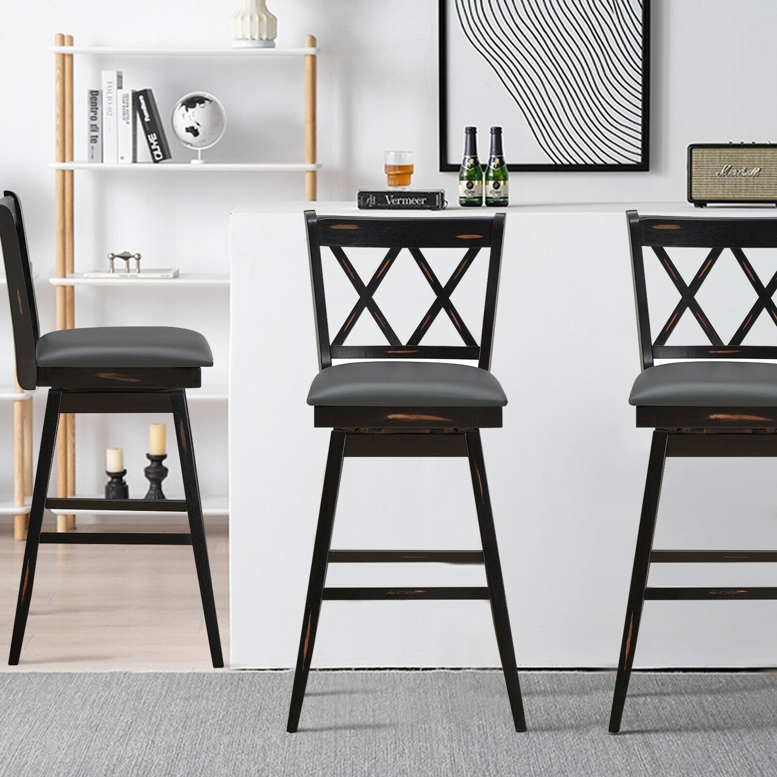 2 Pieces 29 Inch Swivel Counter Height Barstool Set with Rubber Wood Legs, Black Bar Stools   at Gallery Canada