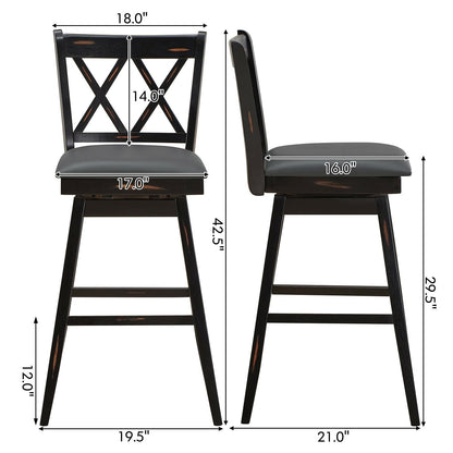 2 Pieces 29 Inch Swivel Counter Height Barstool Set with Rubber Wood Legs, Black Bar Stools   at Gallery Canada