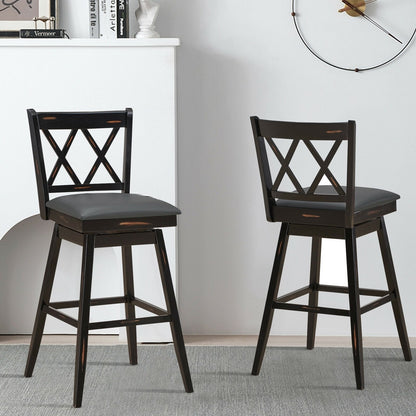 2 Pieces 29 Inch Swivel Counter Height Barstool Set with Rubber Wood Legs, Black Bar Stools   at Gallery Canada