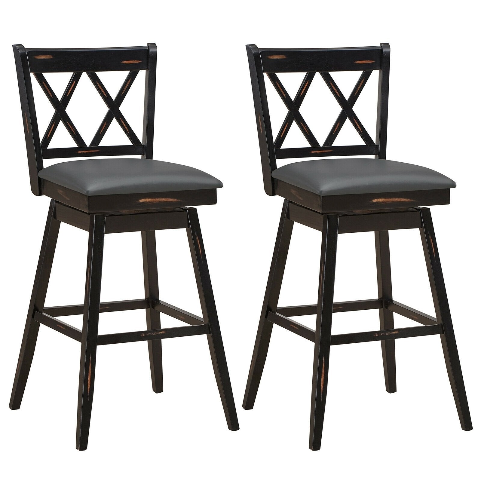 2 Pieces 29 Inch Swivel Counter Height Barstool Set with Rubber Wood Legs, Black Bar Stools   at Gallery Canada