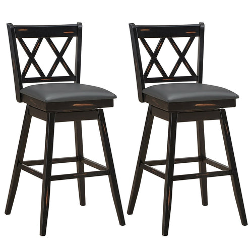 2 Pieces 29 Inch Swivel Counter Height Barstool Set with Rubber Wood Legs, Black