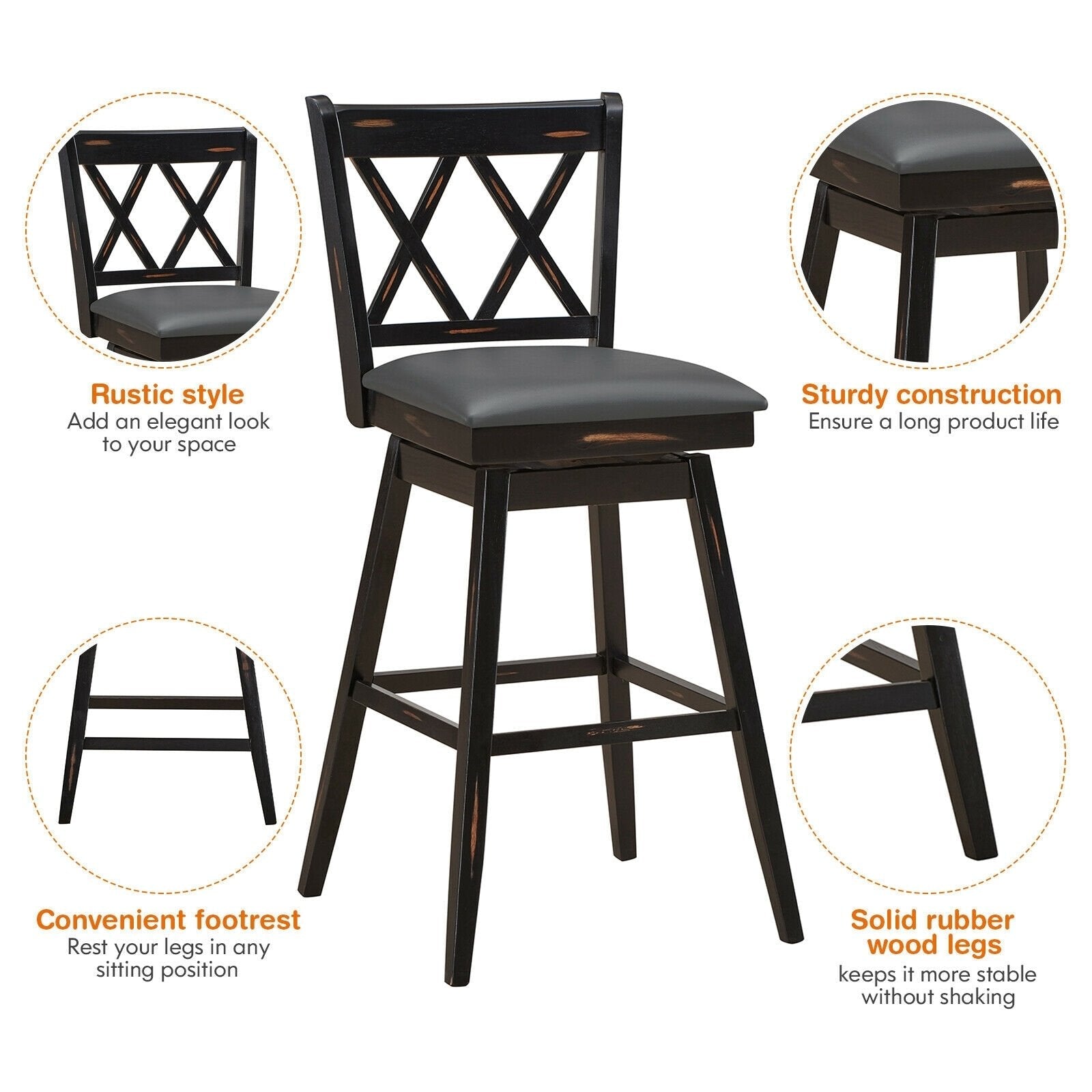 2 Pieces 29 Inch Swivel Counter Height Barstool Set with Rubber Wood Legs, Black Bar Stools   at Gallery Canada