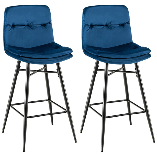 2 Pieces 29 Inch Velvet Bar Stools Set with Tufted Back and Footrests, Blue Bar Stools   at Gallery Canada